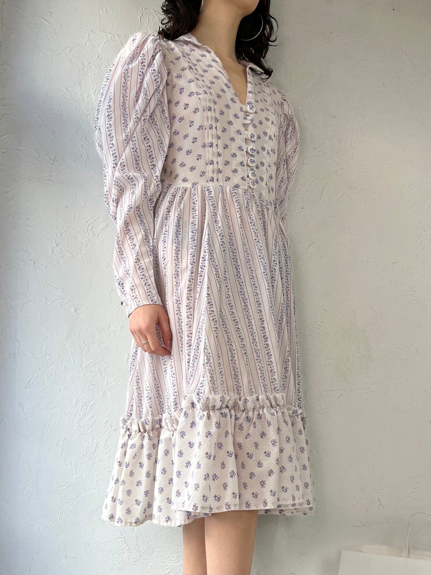 Vintage Handmade Floral Print Long Sleeve Peasant Dress / Medium