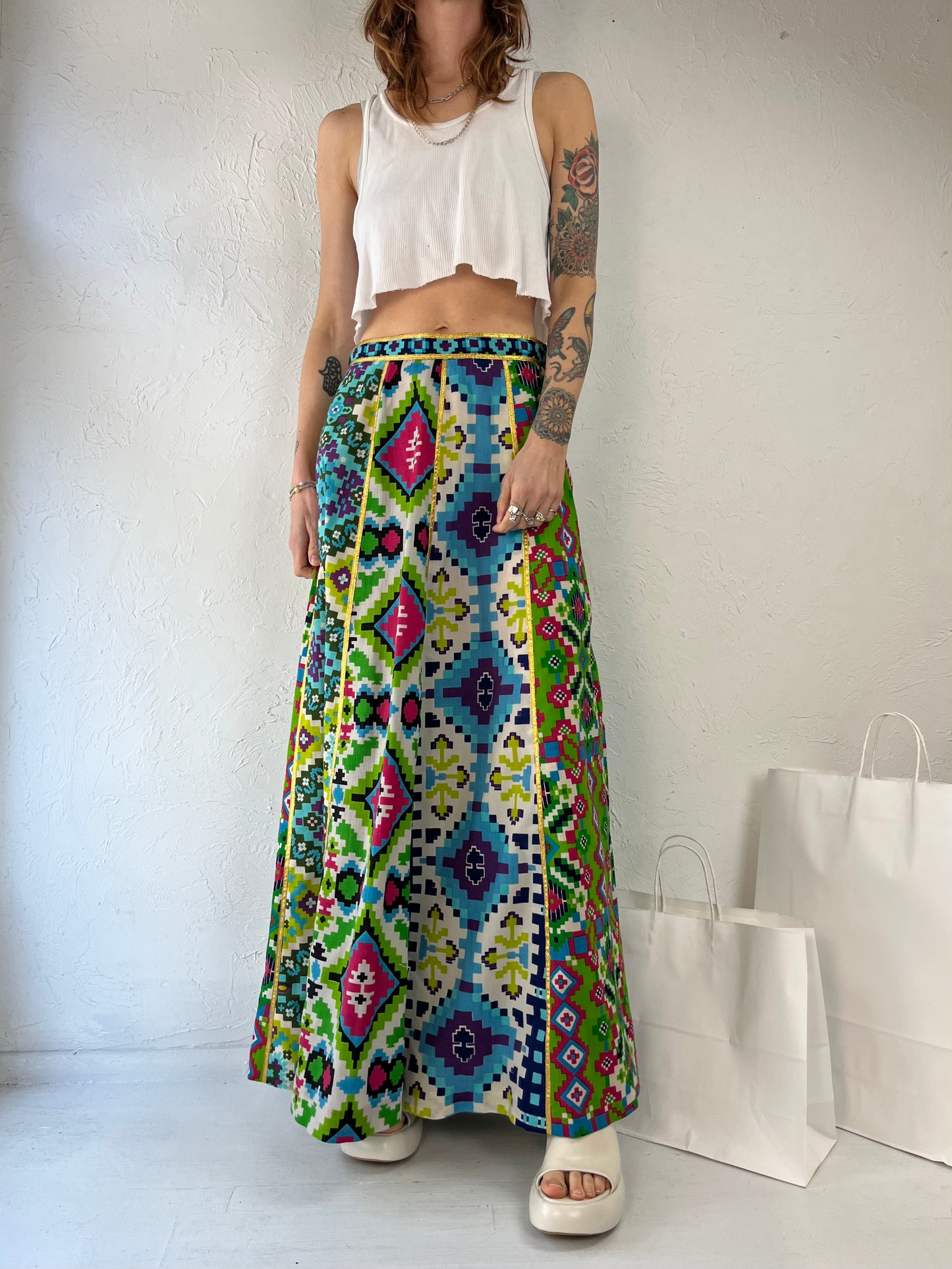 70s 'Star of Siam' Wool Abstract Maxi Skirt / Small - Medium