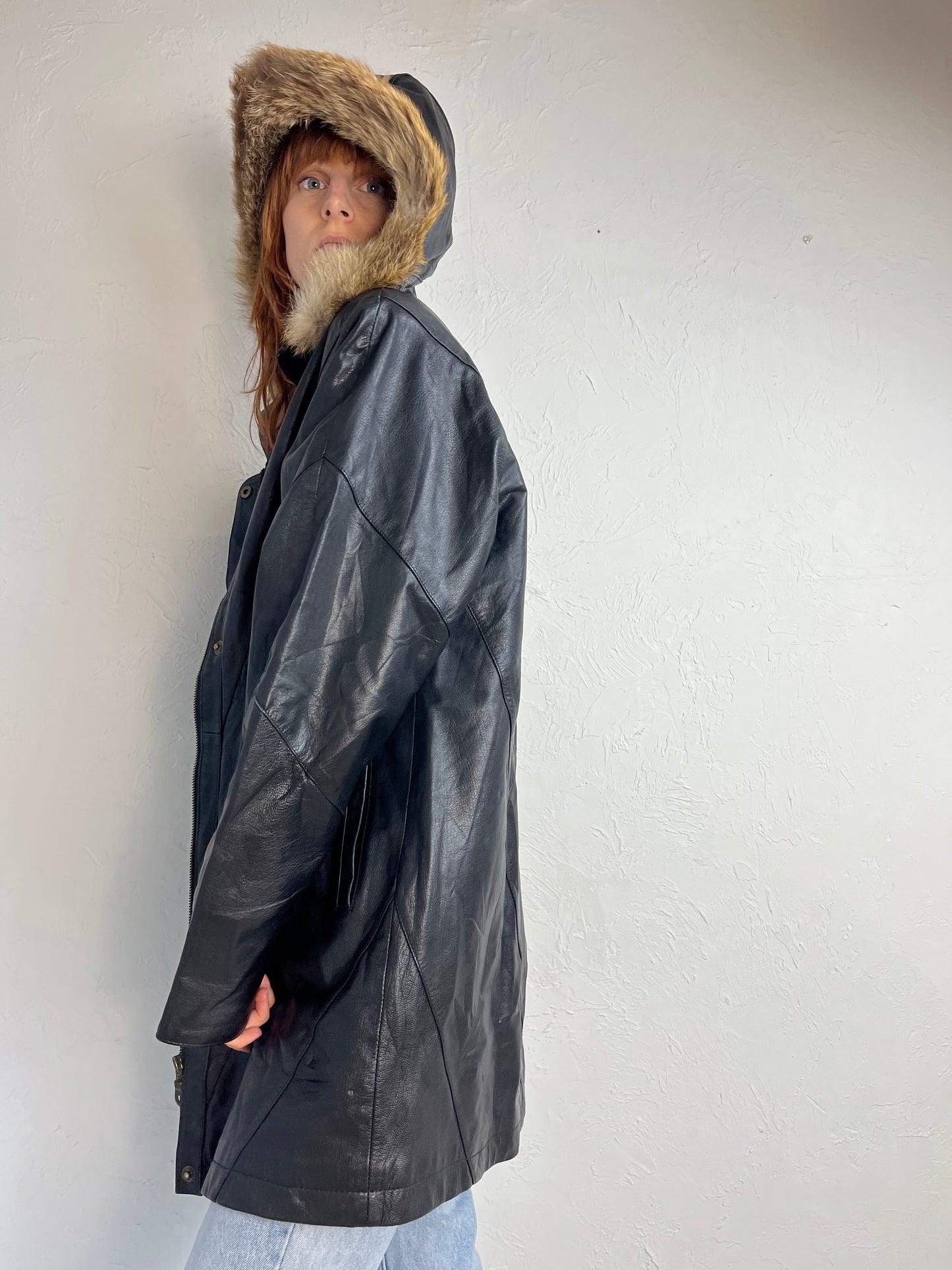 90s Y2K 'Paola Tocci' Black Leather Parka / Large