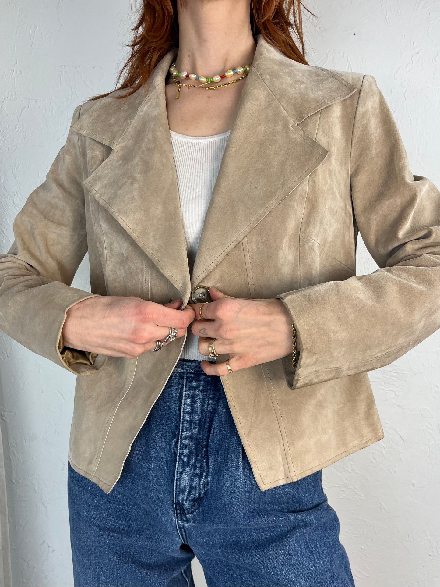 Y2k 'Anne Klein' Beige Suede Leather Blazer Jacket / Medium