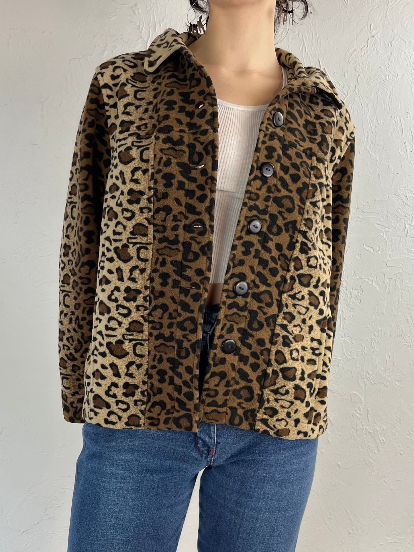 90s 'Carol Reed' Cheetah Print Fleece Jacket / Medium