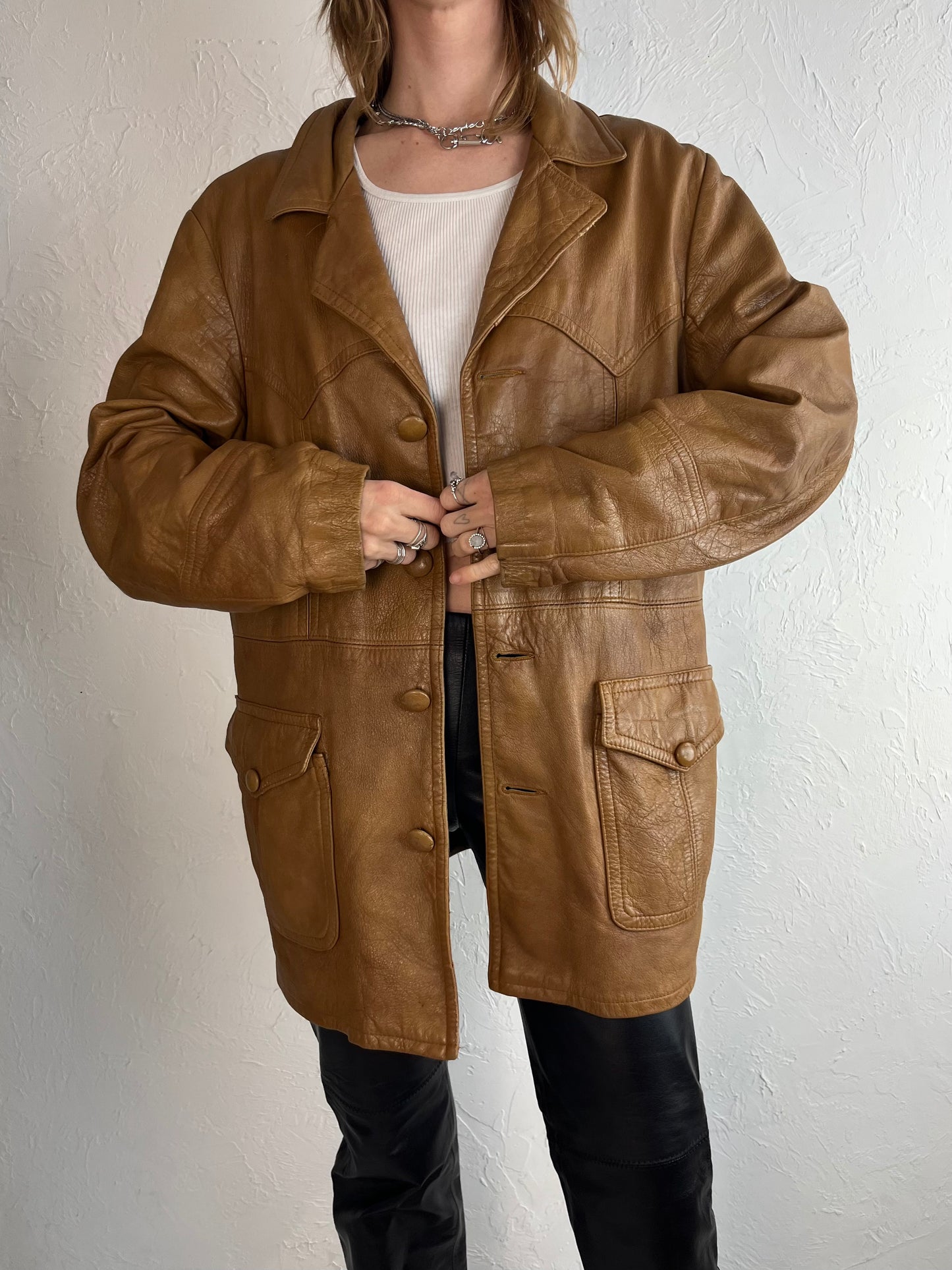 80s 'Symax' Brown Leather Jacket / Medium