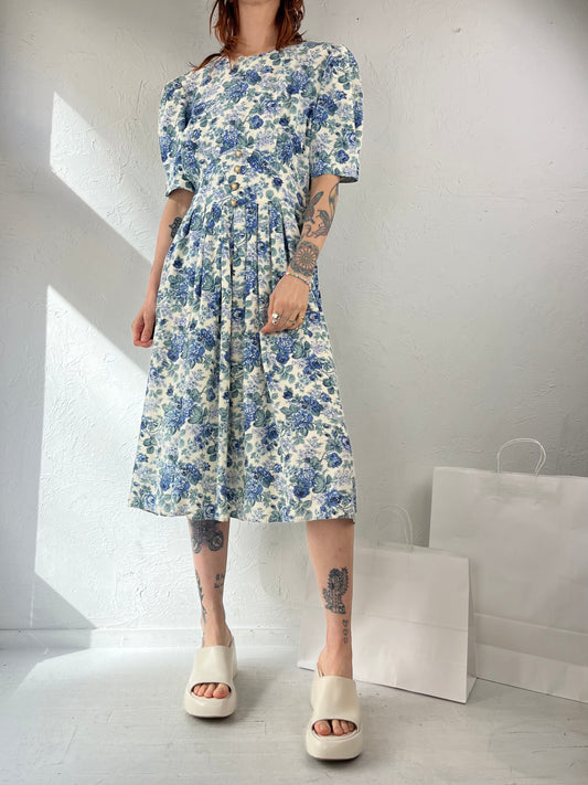 80s ' S.L Fashions' Blue Floral Crew Neck Day Dress