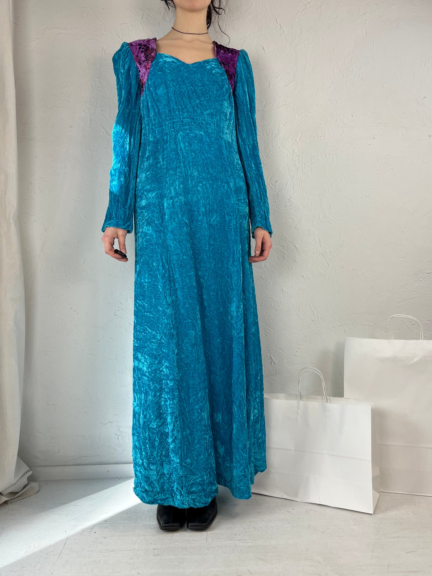 70s 'Taj Mahal of California' Blue Velvet Maxi Dress / Small