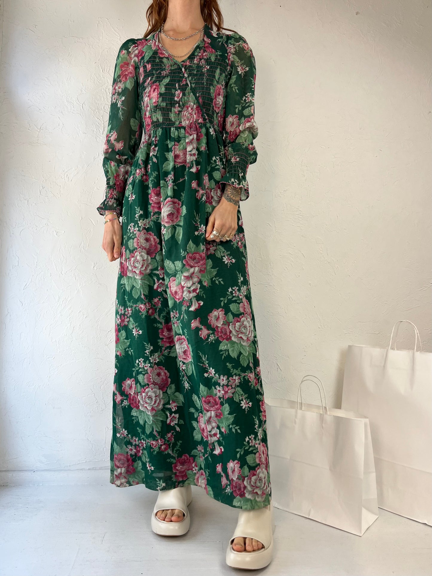 70s 'Bobbie Brooks' Union Made Floral Print Peasant Dress / Small