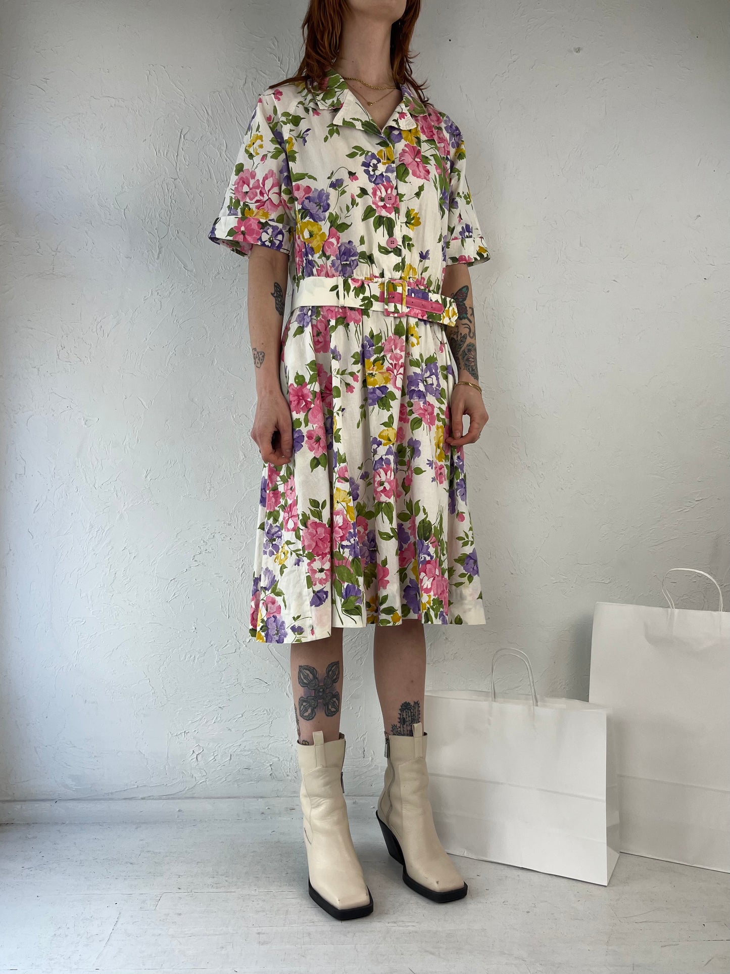 80s 'Carriage Court' Cream Cotton Floral Print A Line Dress / Large