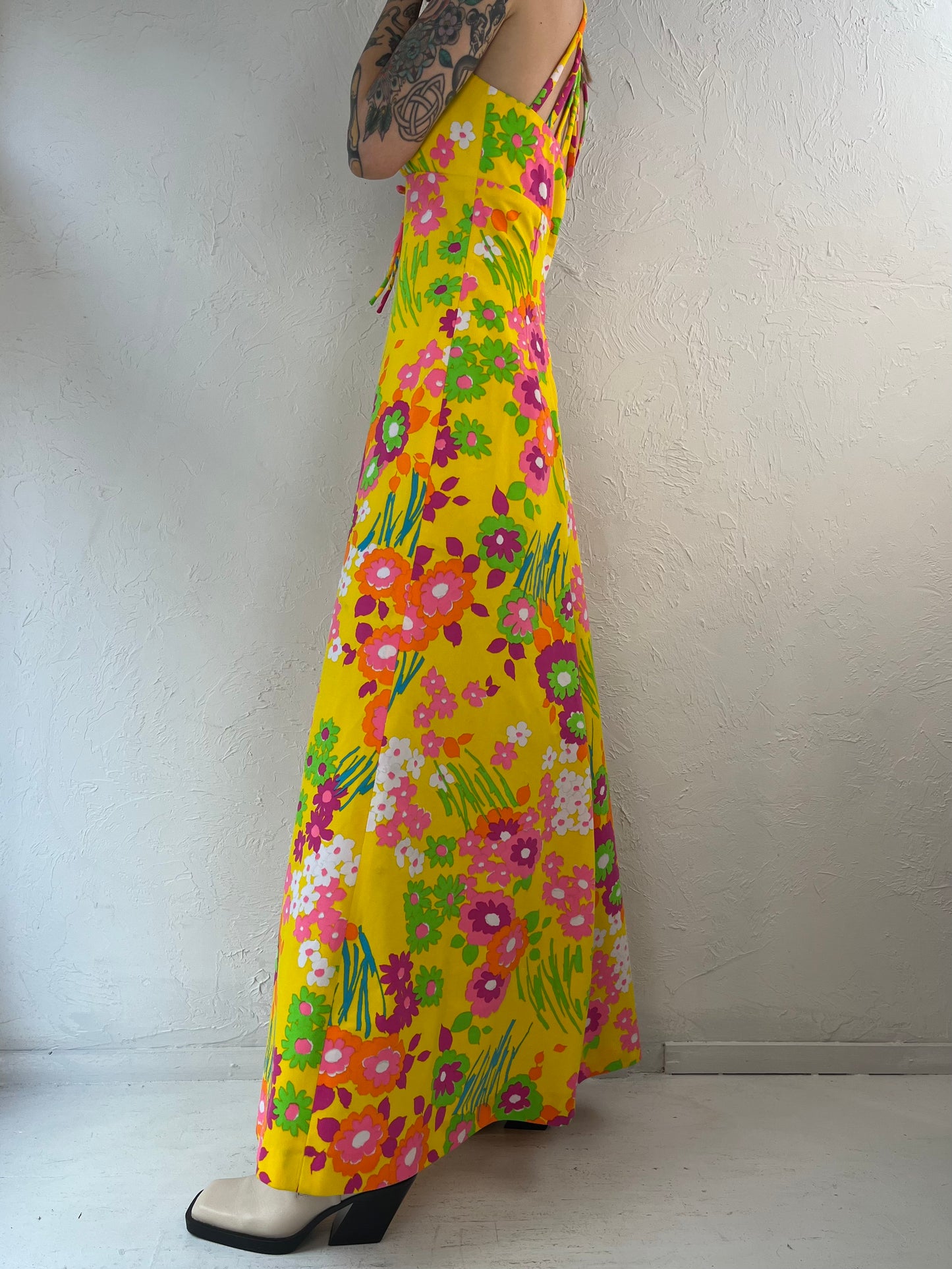 70s Floral Print Halter Hippie Dress / Small