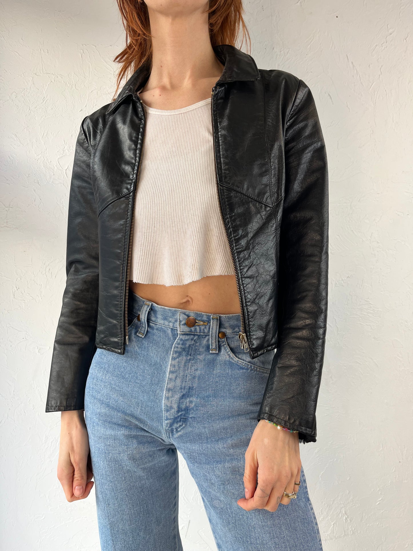 90s Black Leather Moto Jacket / Small