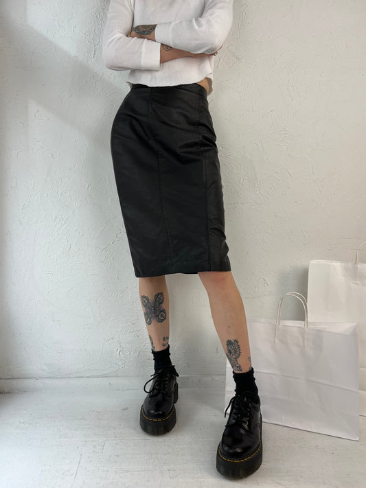 90s 'Dana Brooke' Black Leather Pencil Skirt / Small