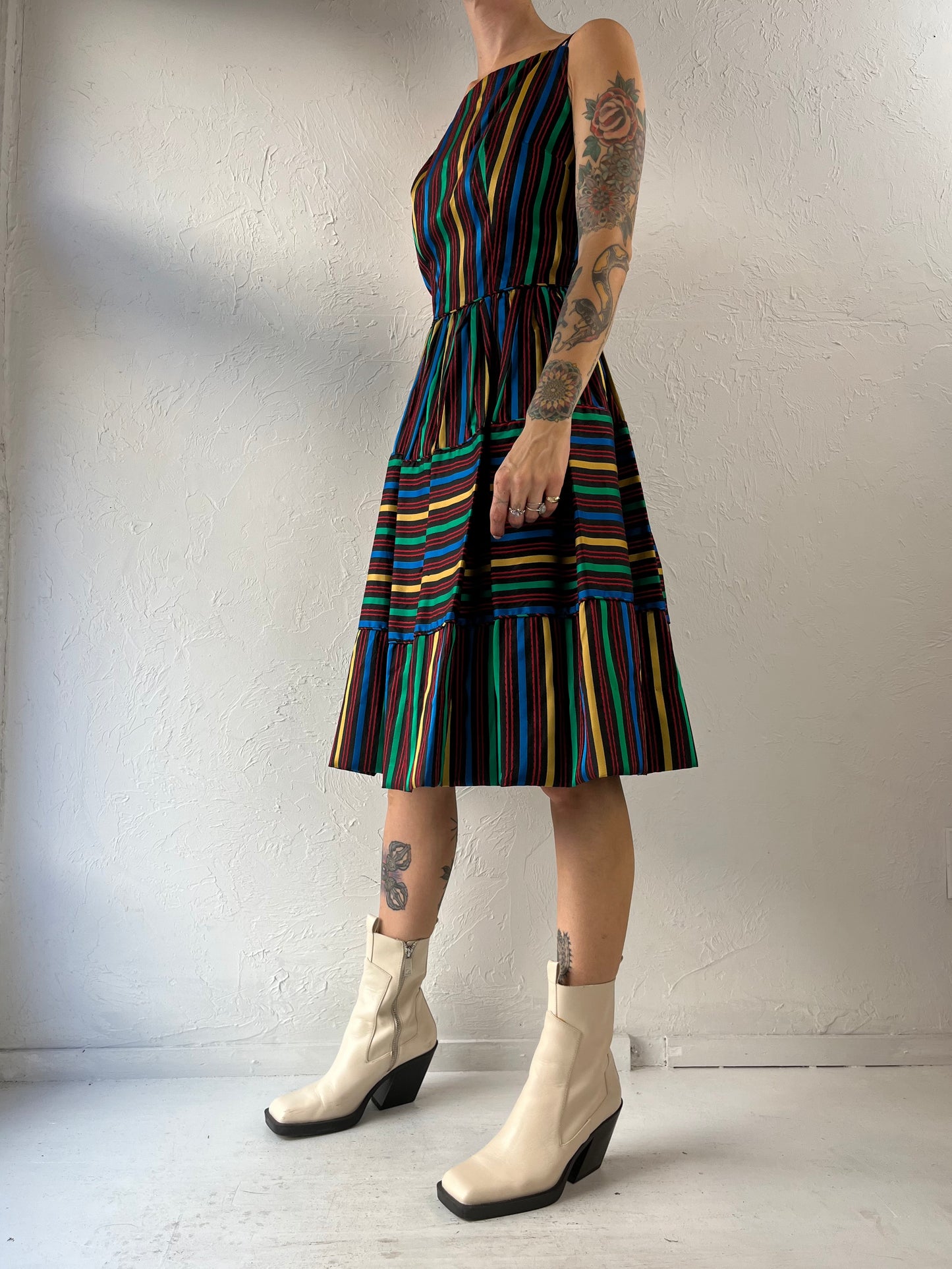 50s 60s 'Maggi Stover' Rainbow Striped Sleeveless A Line Dress / XS - Small