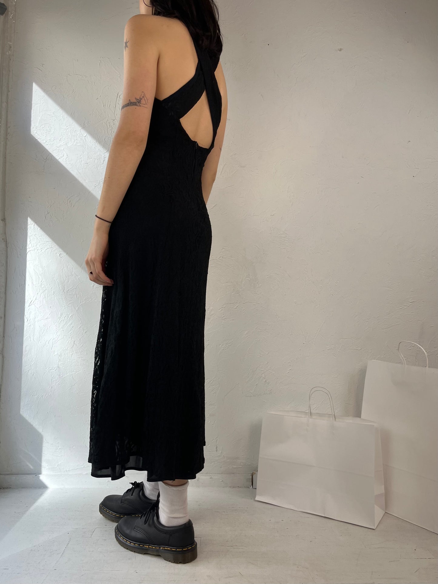 90s 'All That Jazz' Black Lace Evening Dress / Medium