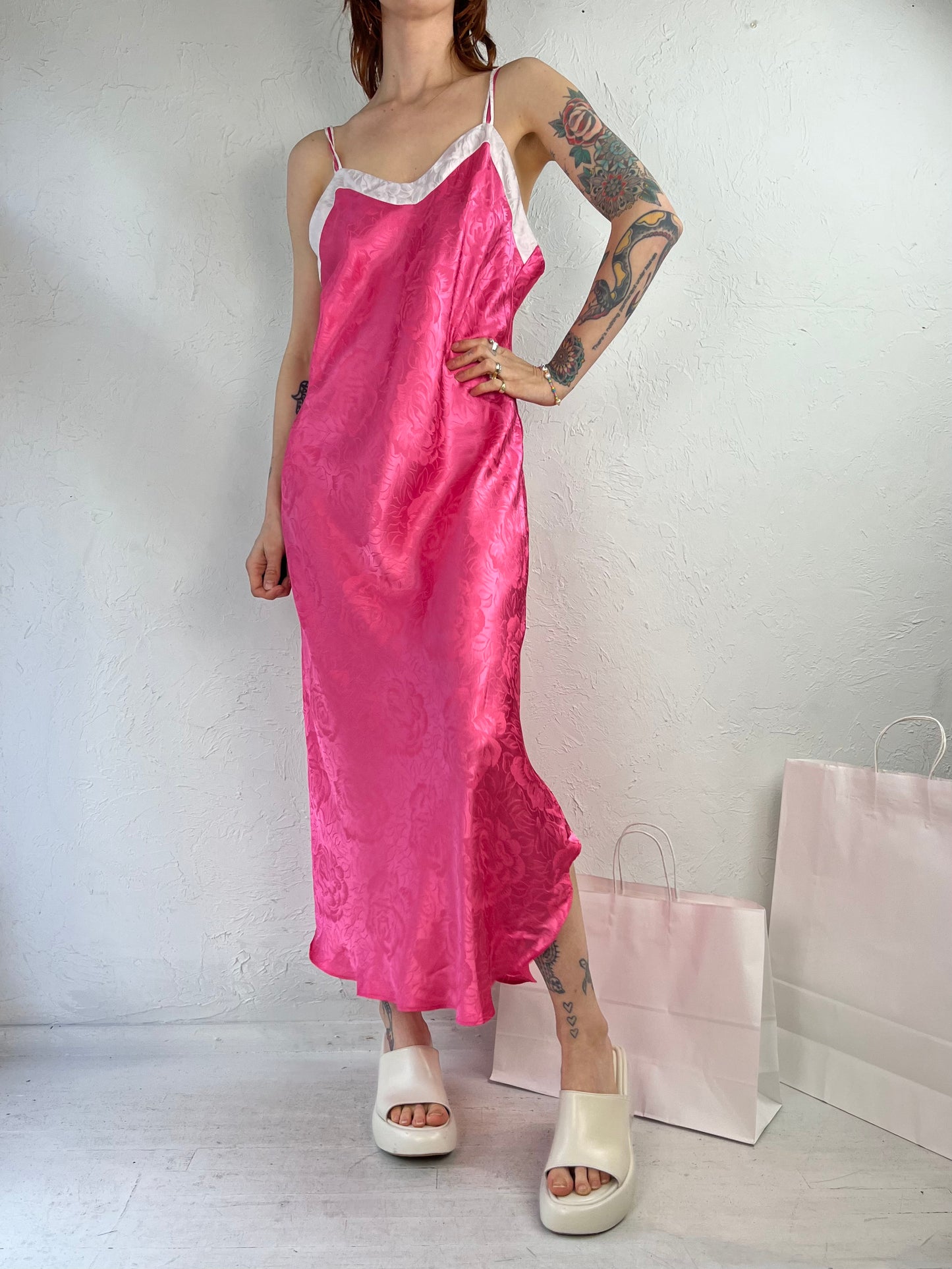 90s 'Vanity Fair' Hot Pink Tank Slip Maxi Dress / Medium