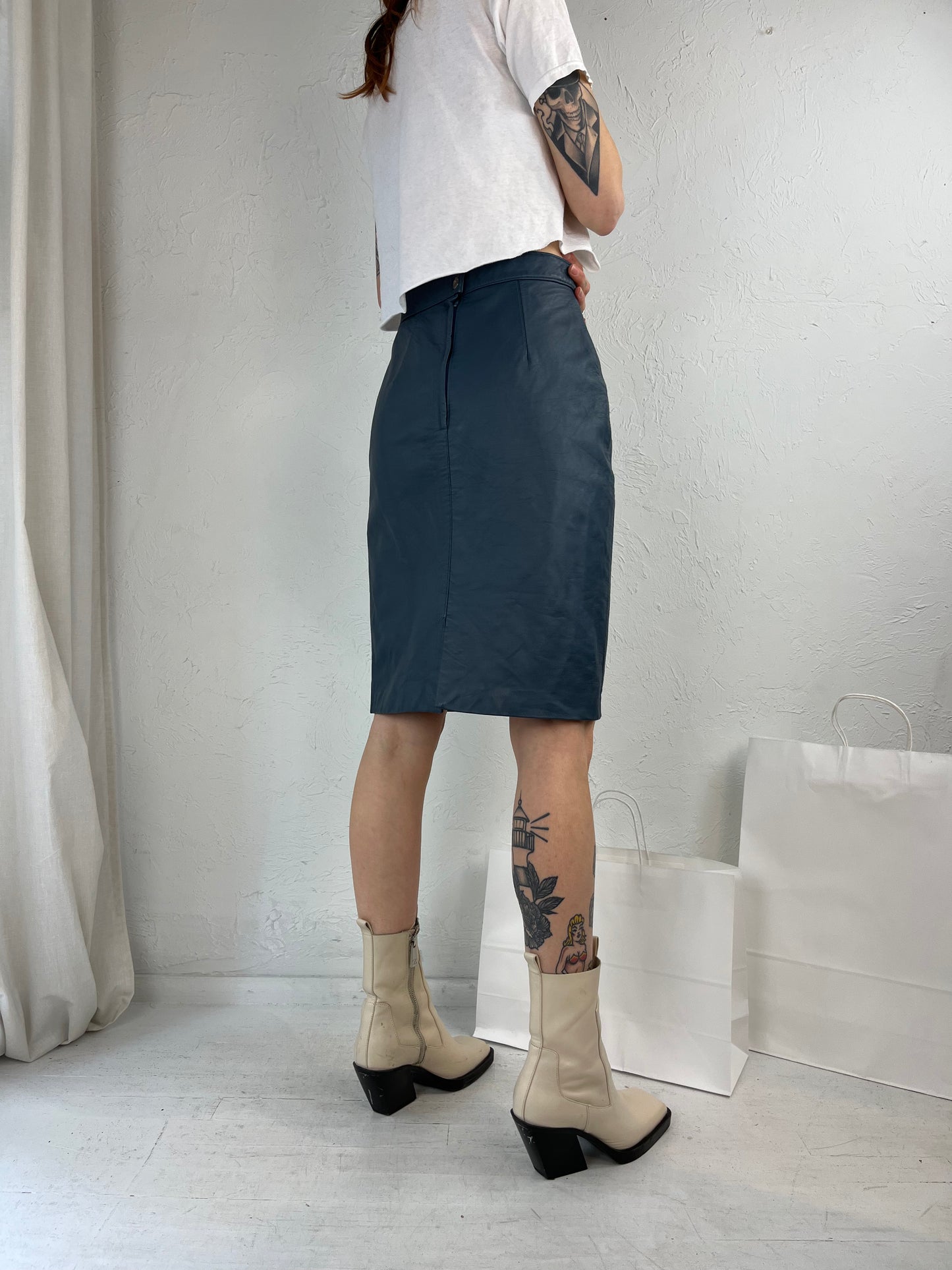 90s 'Ocean West' Blue Leather Pencil Skirt / Small