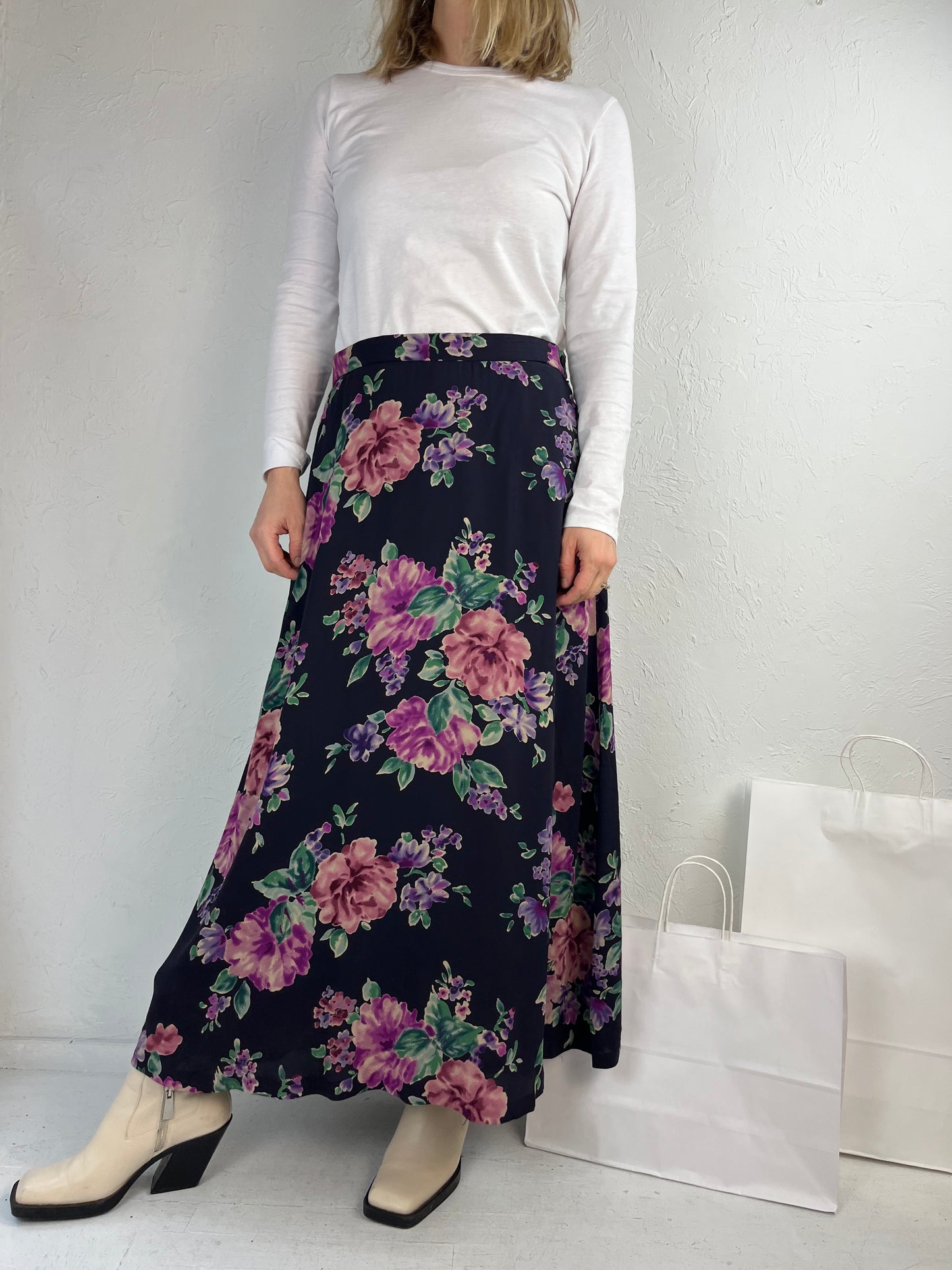 90s 'Jones New York' Floral Print Silk Maxi Skirt / Large