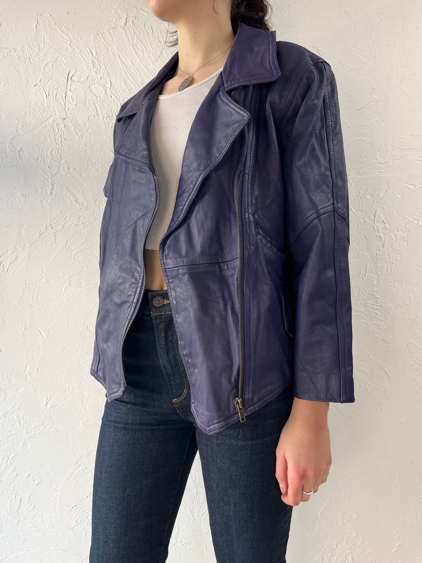 Y2K Dark Purple Leather Moto Jacket / Medium