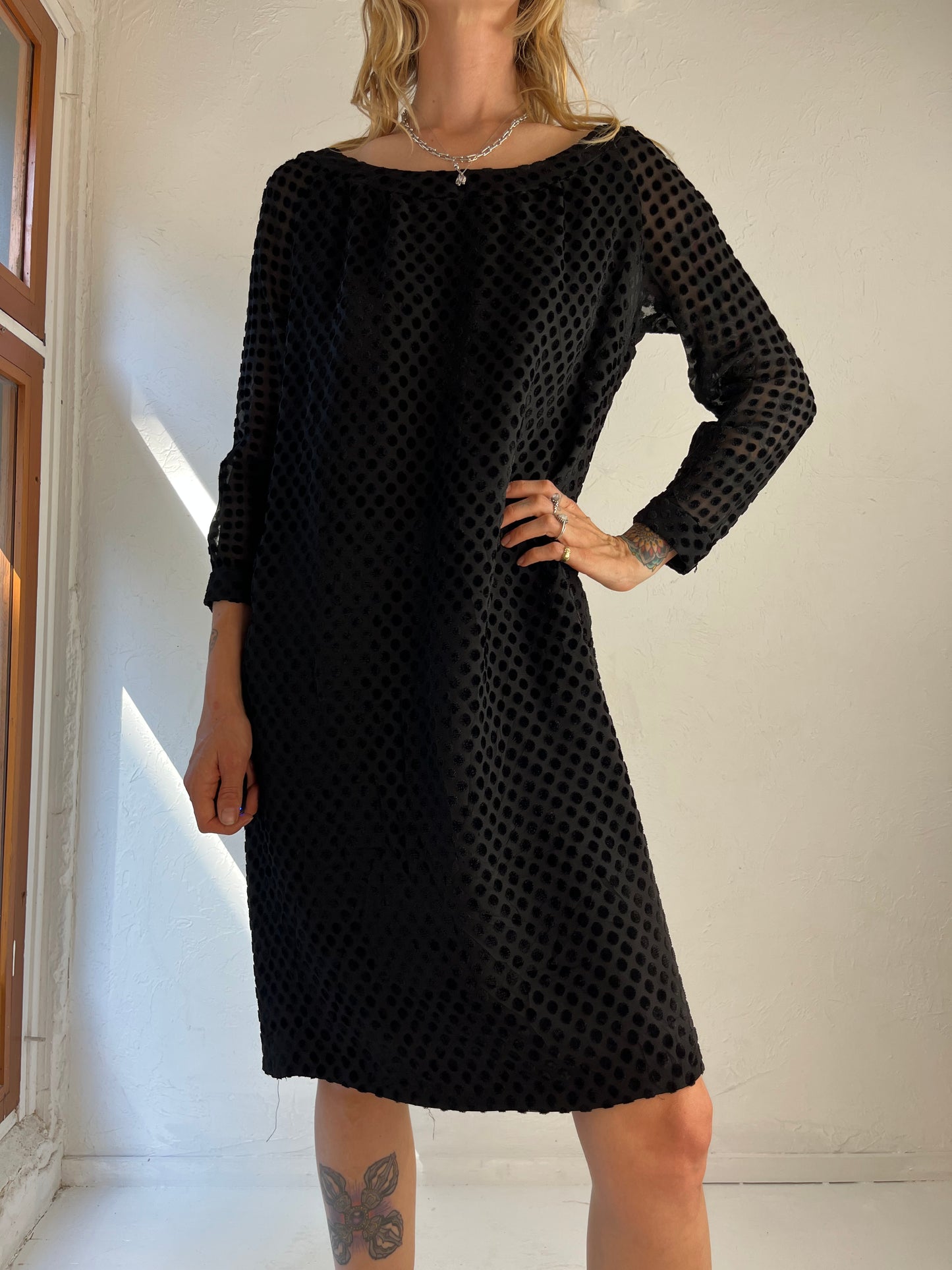 90s 'Nina Deb' Black Velvet Polka Dot Shift Dress / Medium