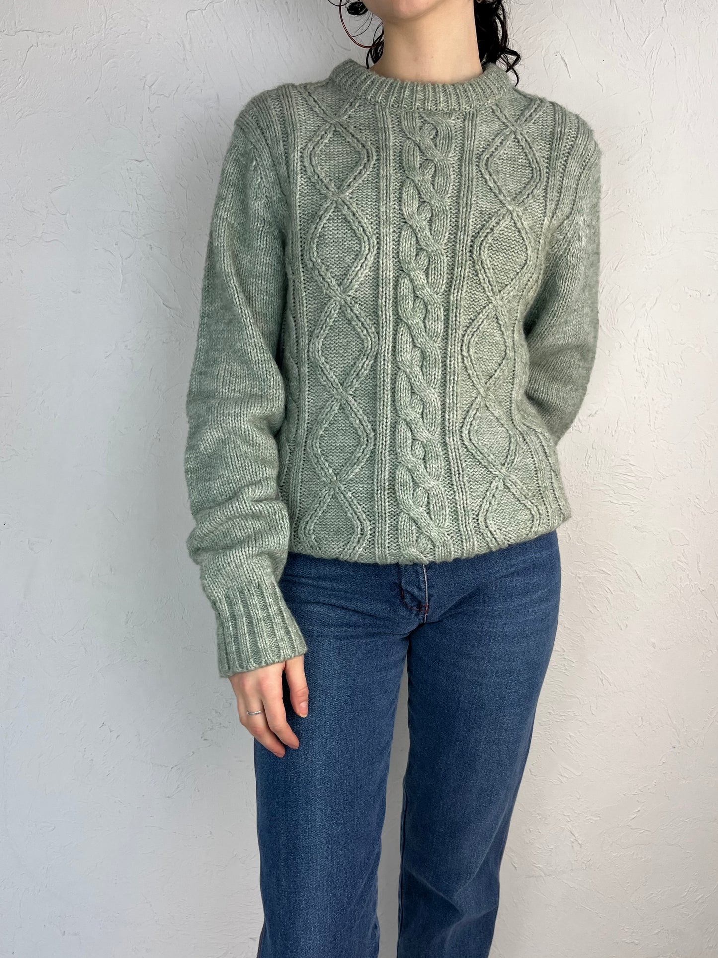 90s Teal Cable Knit Crew Neck Sweater