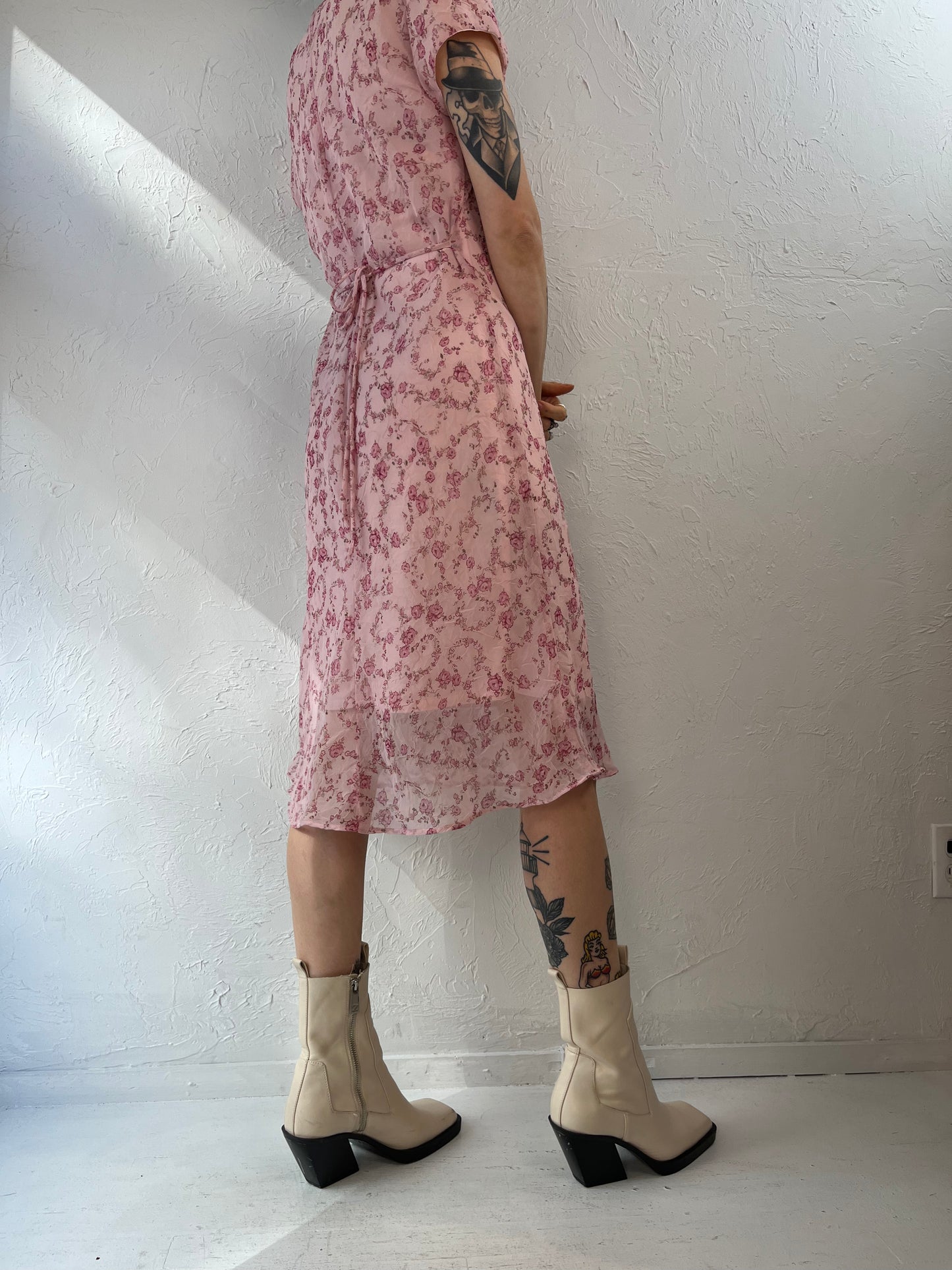90s 'Jody' Pink Floral Print Dress / Small