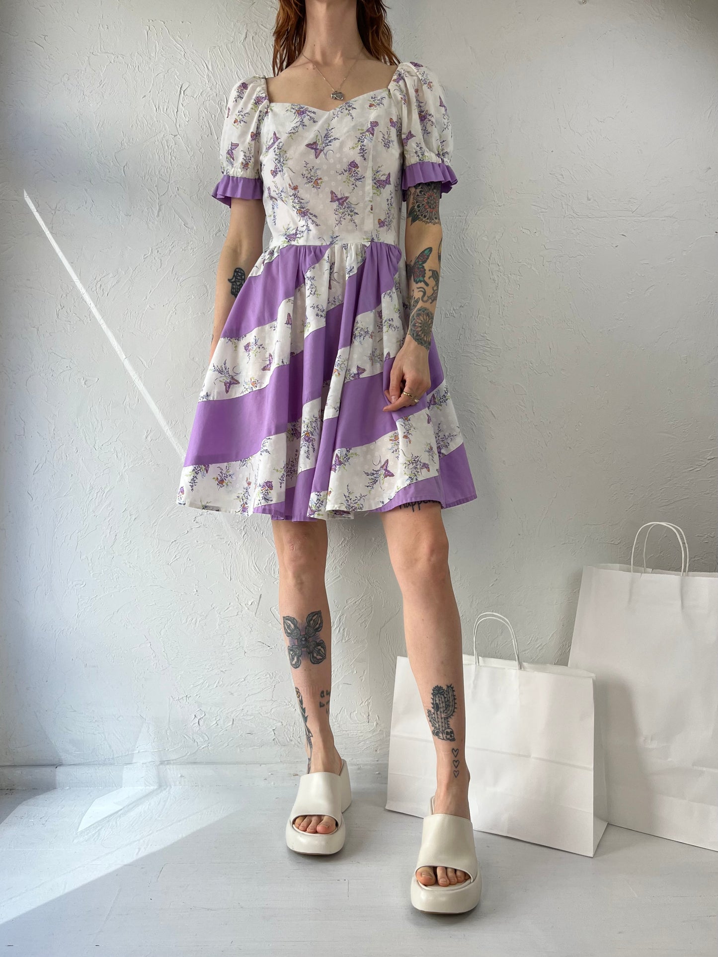 90s Handmade Purple Patchwork Mini Dress / Small