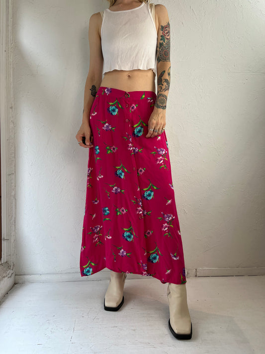 90s 'Cassino' Pink Floral Print Rayon Skirt / Medium - Large