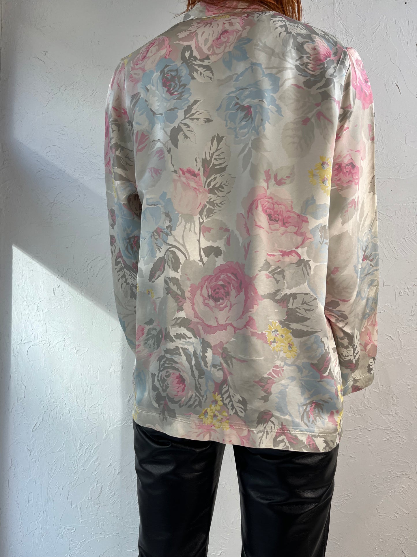 90s 'Eclat' Floral Print Silky Blouse / Medium