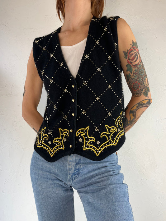 90s 'Karen Scott' Black Knit Studded Vest / Small