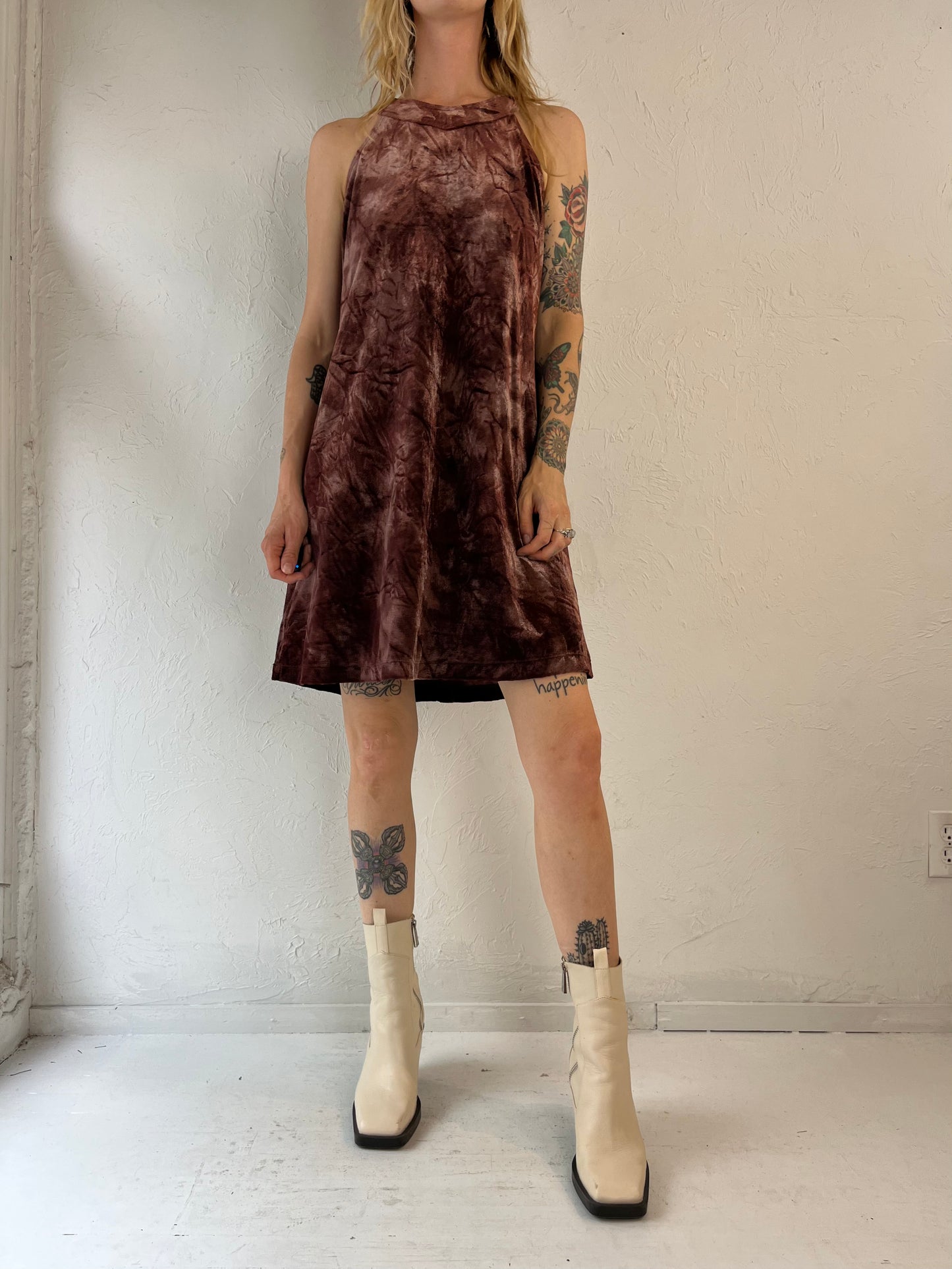90s 'Delane' Made in USA Deadstock Brown Velvet Halter Neck Mini Dress / Large