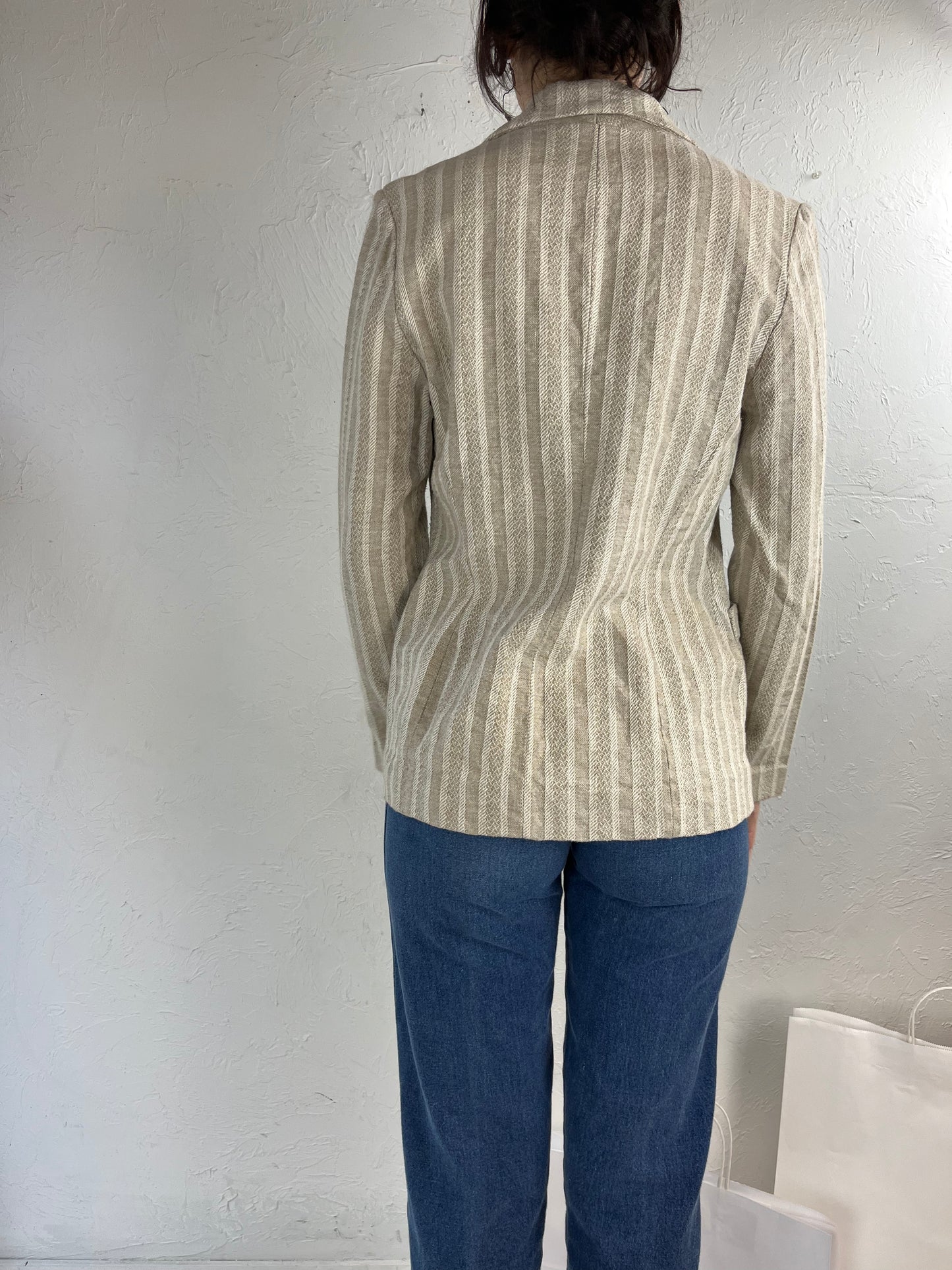 Vintage Handmade Beige Striped Fitted Blazer Jacket / Small