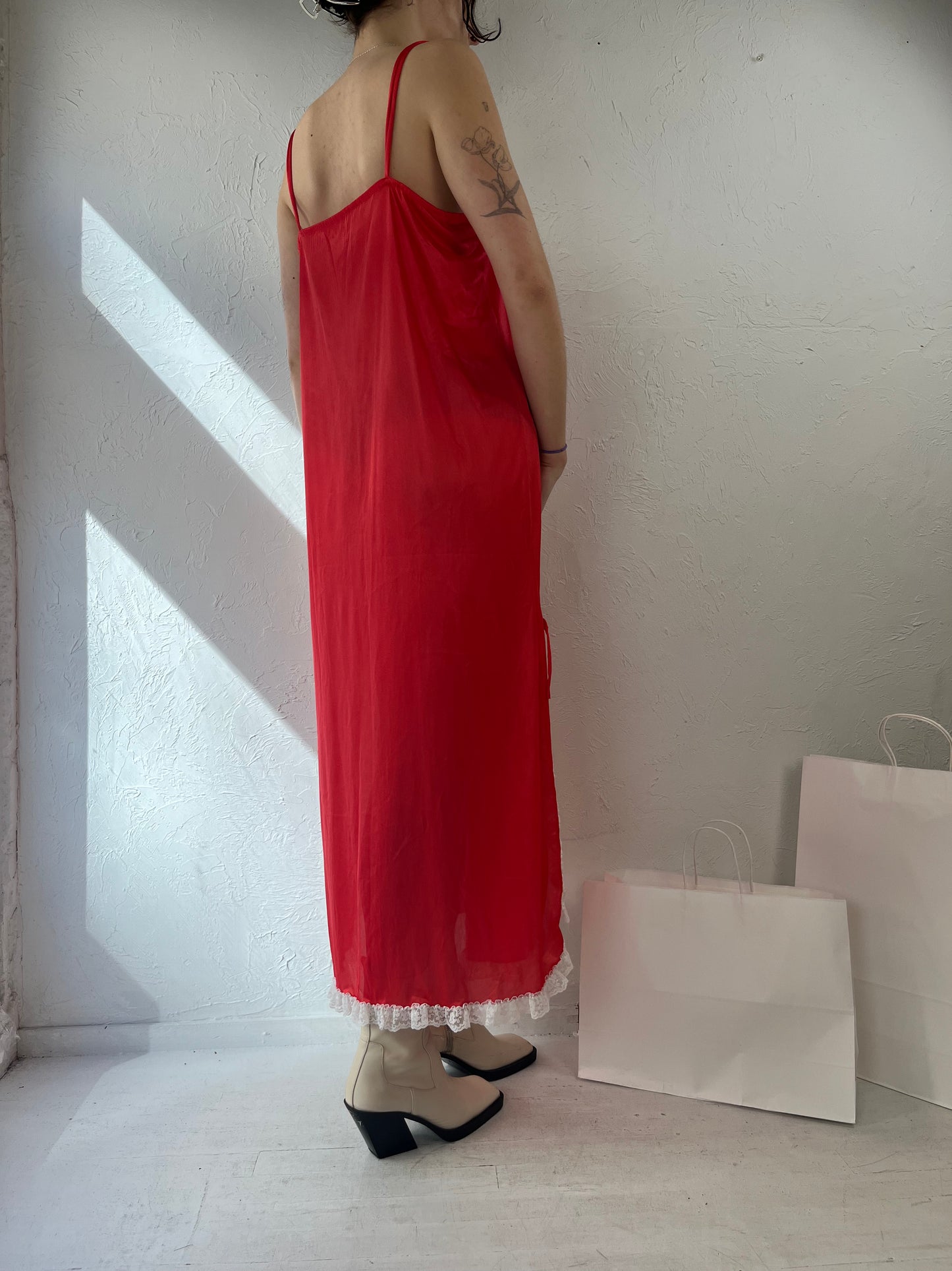 70s Red Nylon Long Slip Dress / Lace Lingerie / Union Made / Small