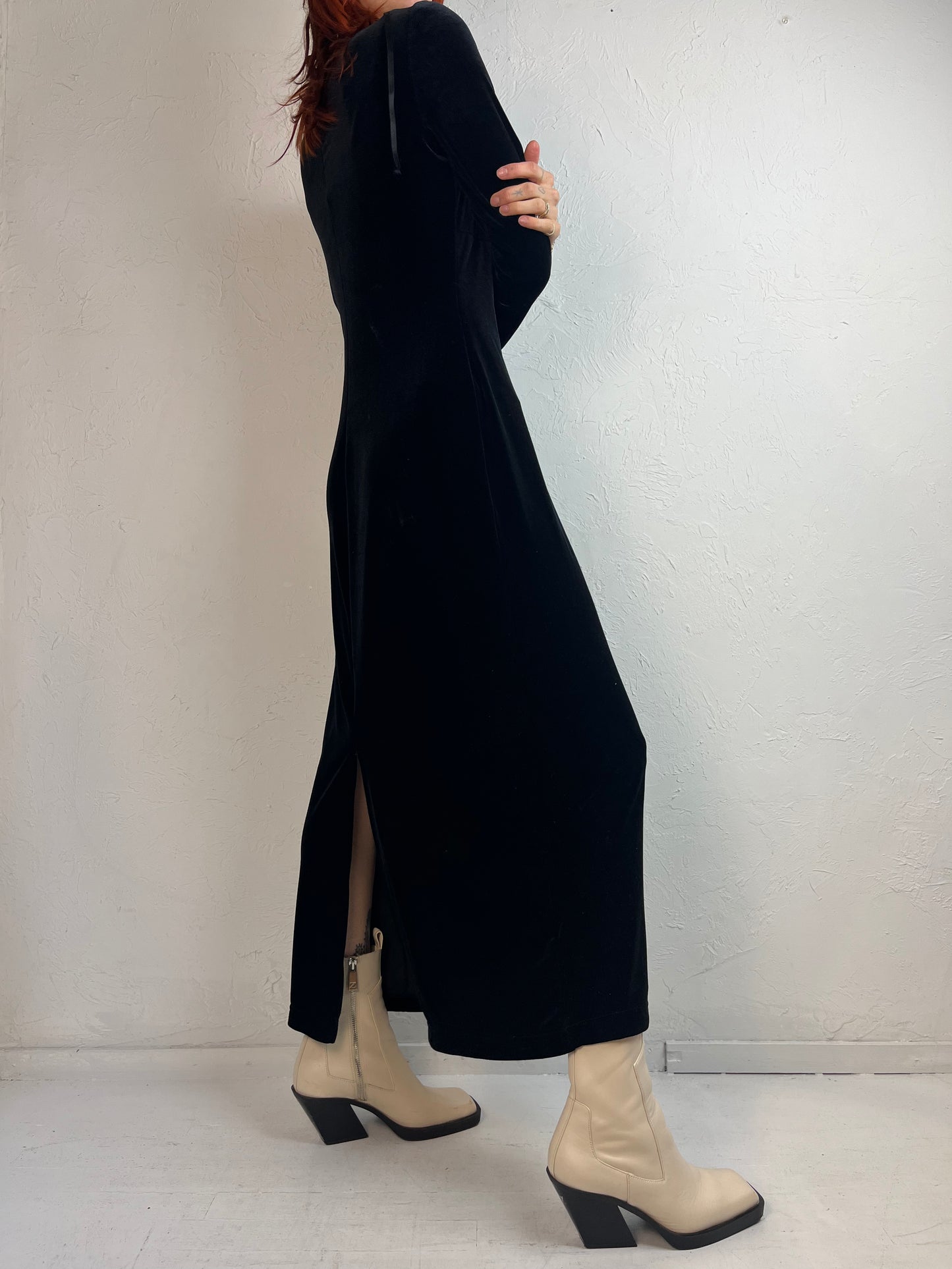 90s 'Kathie Lee' Black Velvet Long Sleeve Dress / Small