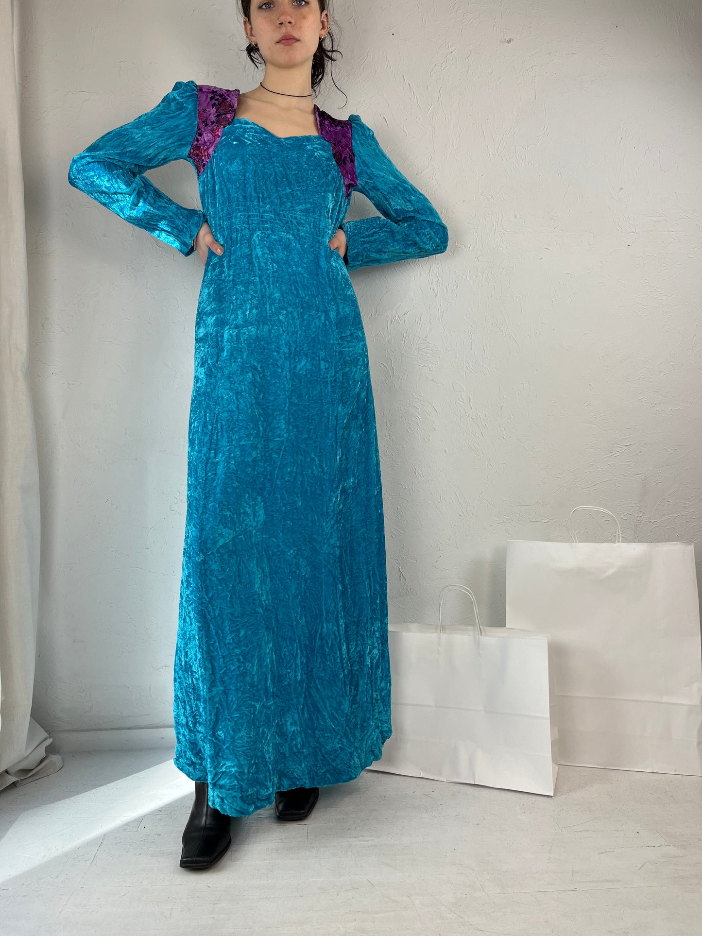 70s 'Taj Mahal of California' Blue Velvet Maxi Dress / Small