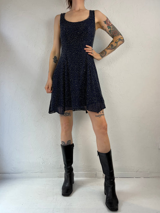 90s Navy Blue Beaded Party Dress / Small