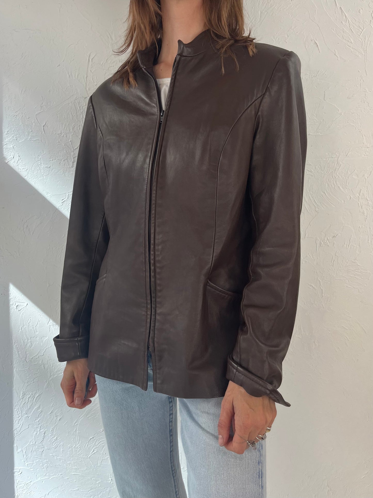 90s 'Danier' Brown Leather Zip Up Jacket / Medium