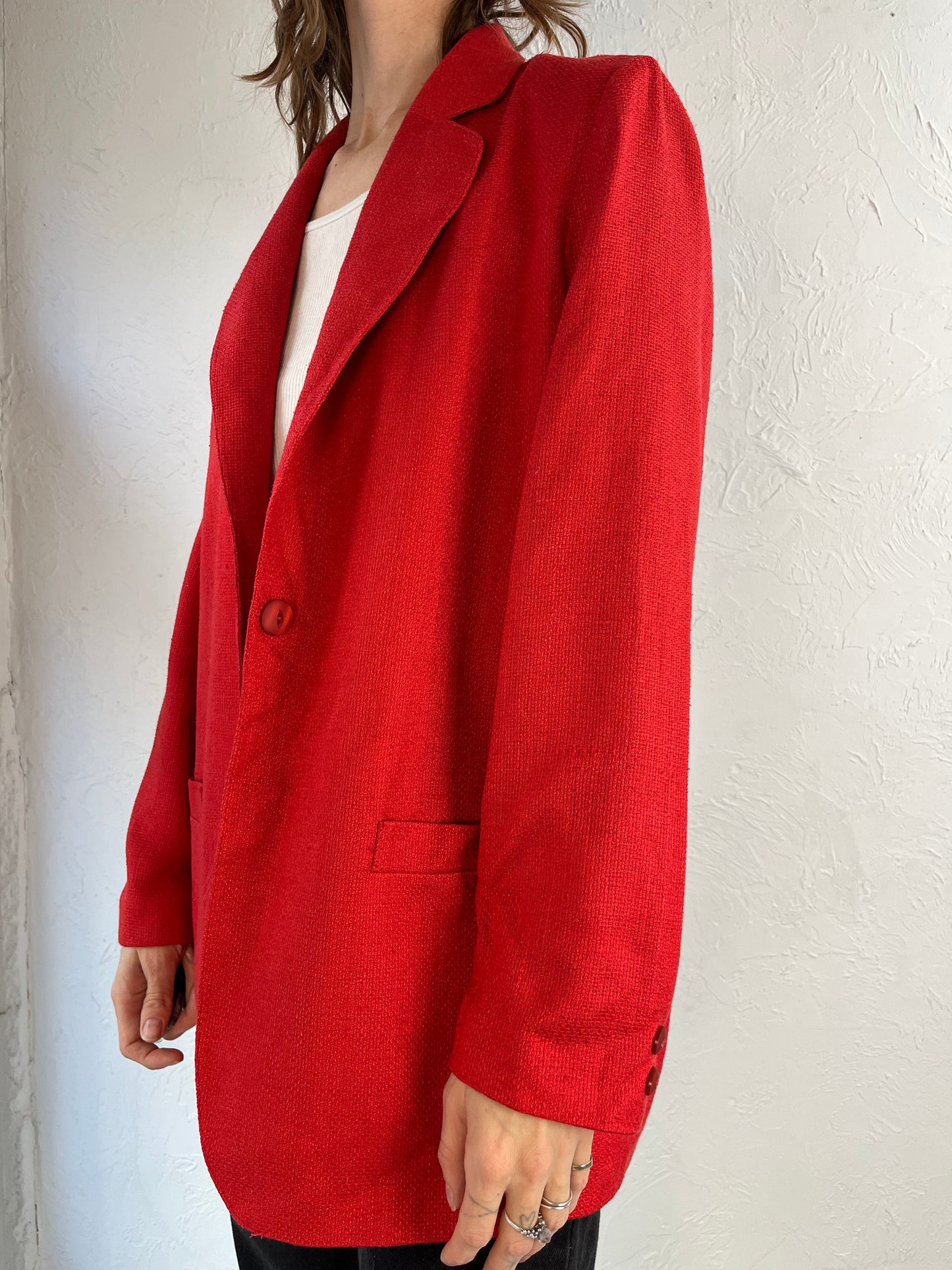 90s 'Seasons' Red Silk Knit Blazer Jacket / 6