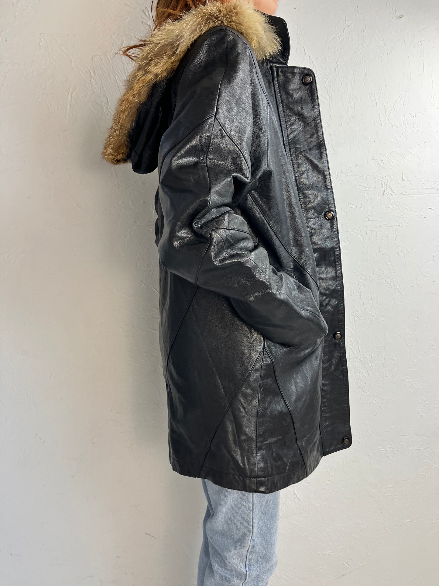 90s Y2k 'Paola Tocci' Black Leather Parka / Large