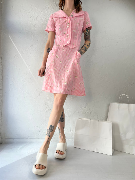 70s Handmade Pink Gingham Collared Mini Dress / Small