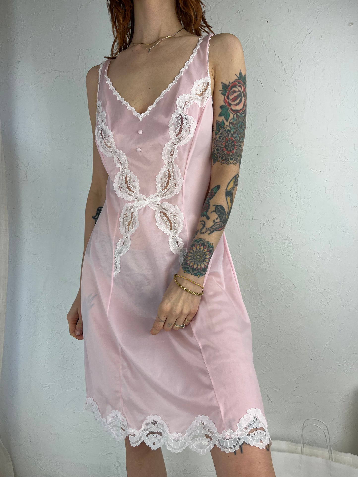 80s 'Rhodiaceta' Pink Nylon Slip Dress / Medium