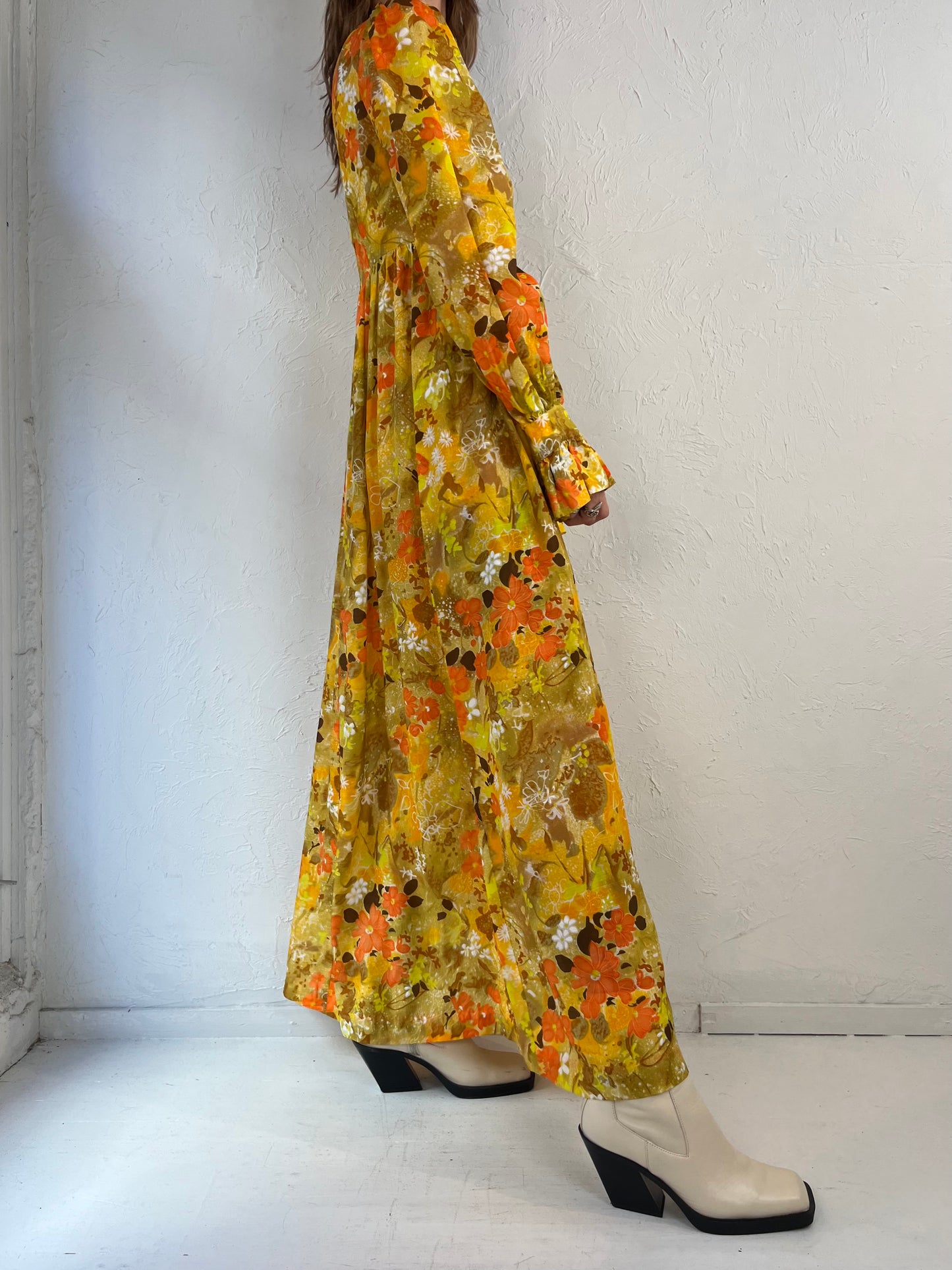 70s Orange Floral Print Long Sleeve Peasant Dress / Small