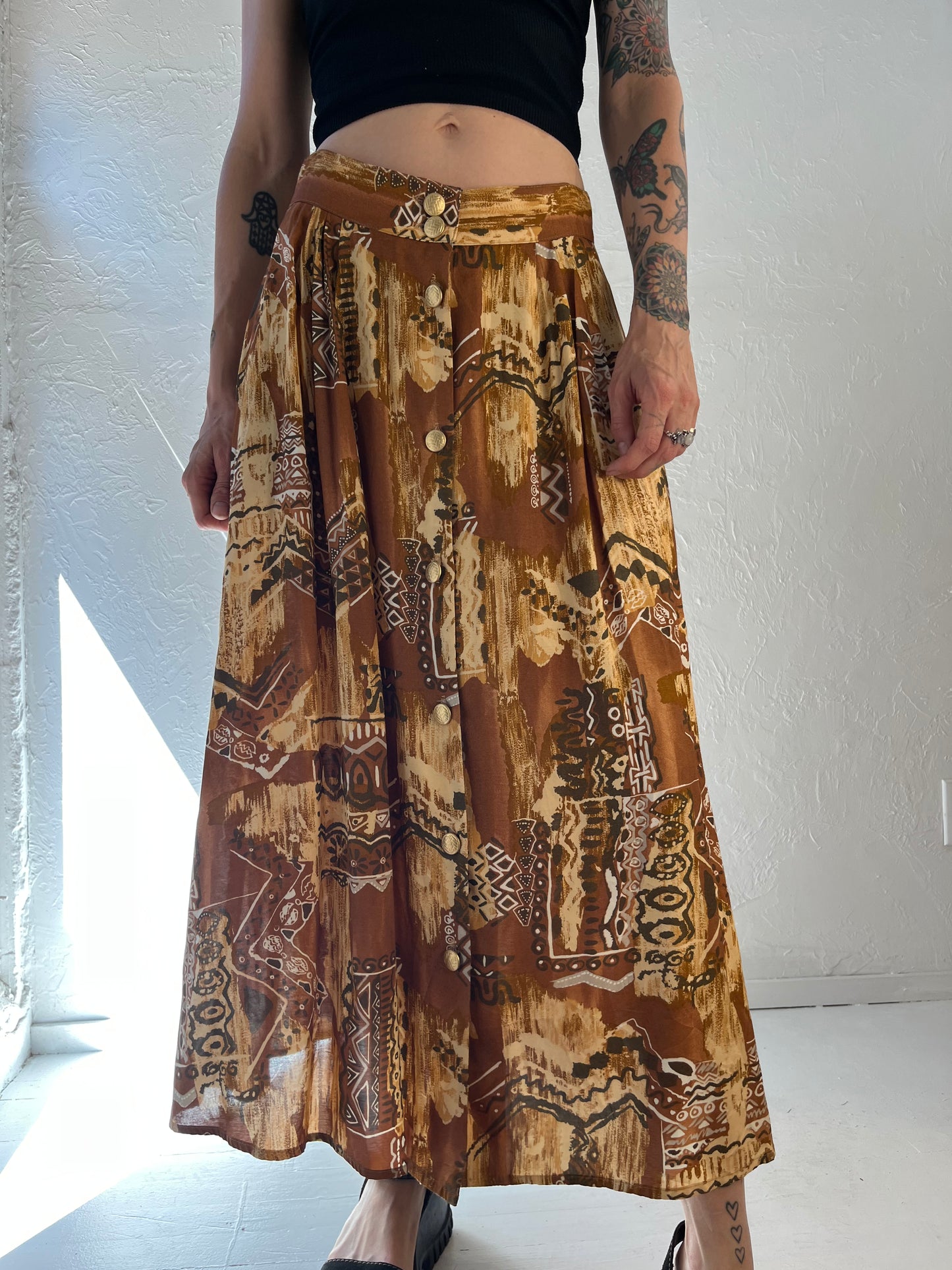 90s 'Casual Corner' Made in USA Brown Abstract Print Button-Up Maxi Skirt / Large