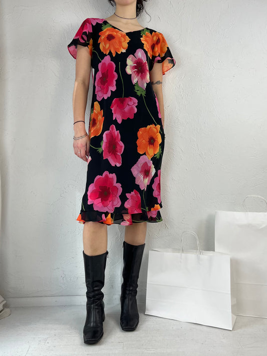 90s 'Dorby' Floral Print Midi Dress / Medium