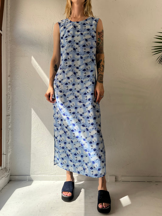 90s 'Darian' Blue Sleeveless Floral Print Dress / 10
