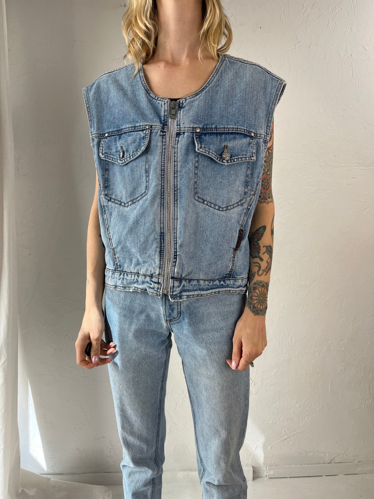 90s 'Harley Davidson' Zip Up Denim Vest / Small