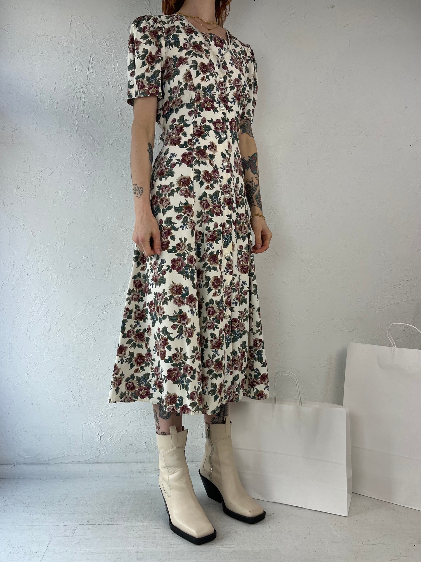 90s 'En Focus' Cream Floral Print Dress / Medium