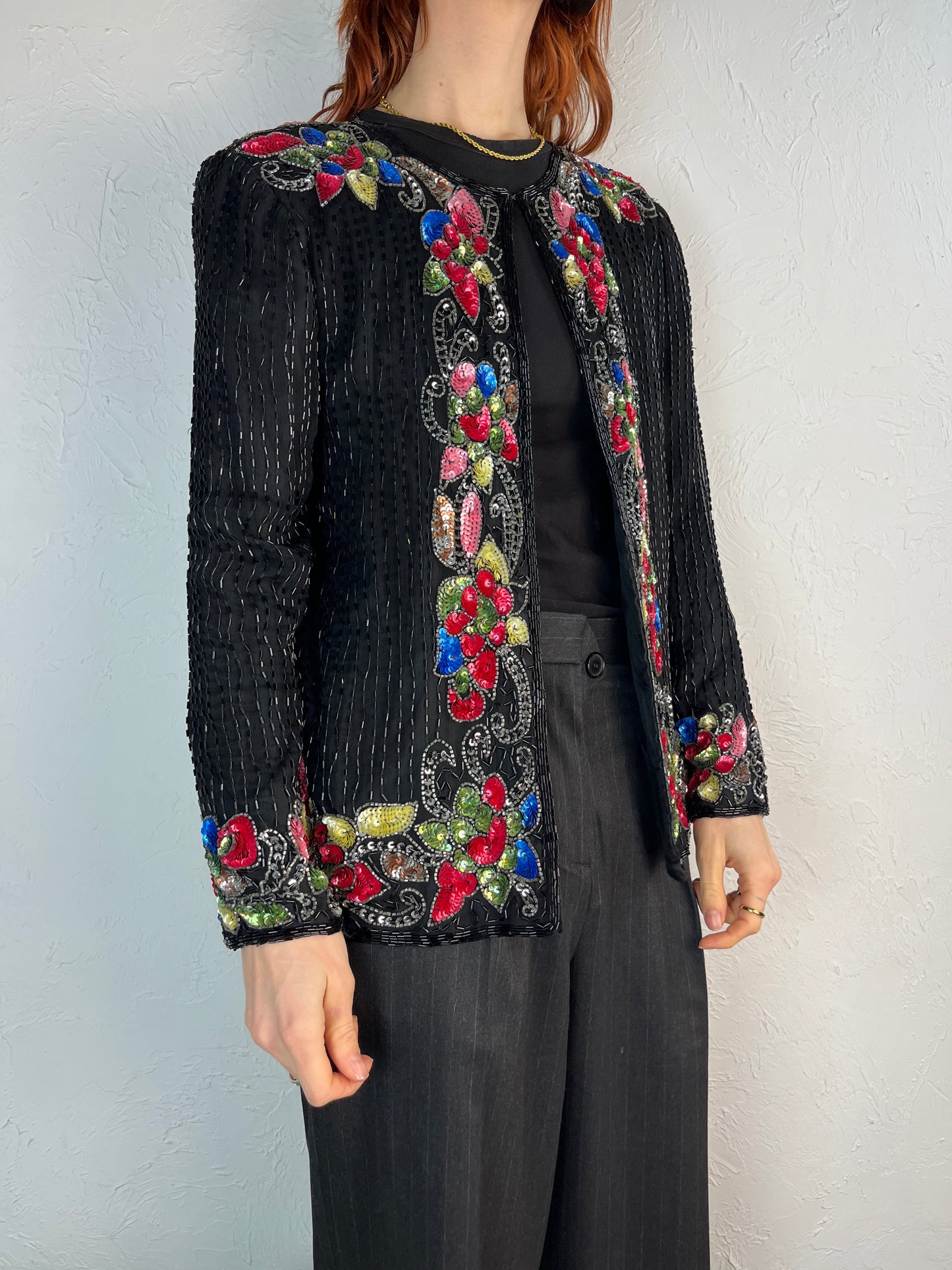 90s 'Silky Nites' Black Silk Sequin Beaded Evening Jacket / Small