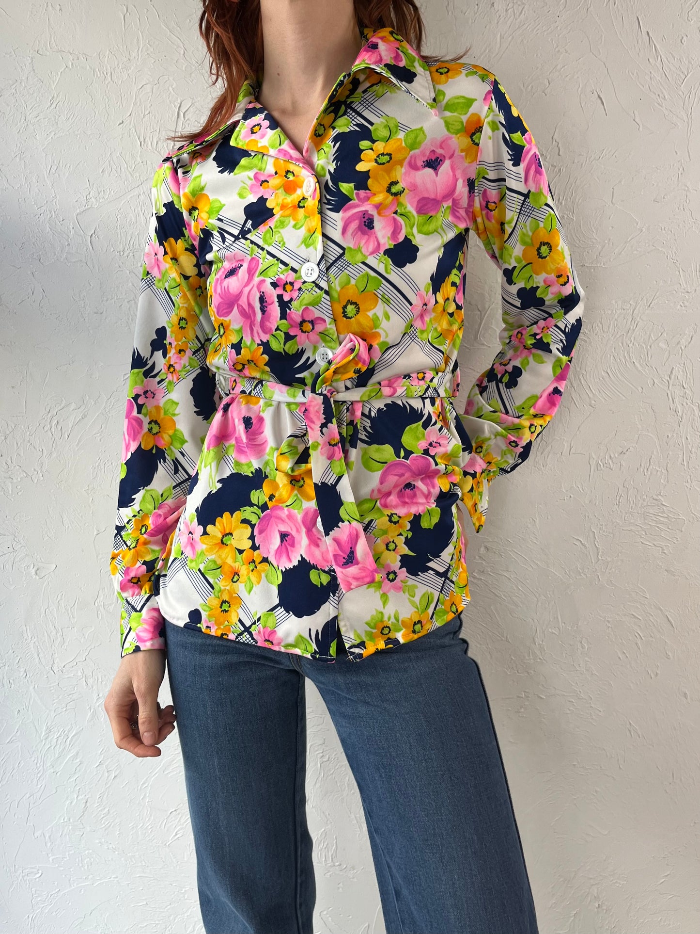 70s Retro Floral Print Blouse / Small