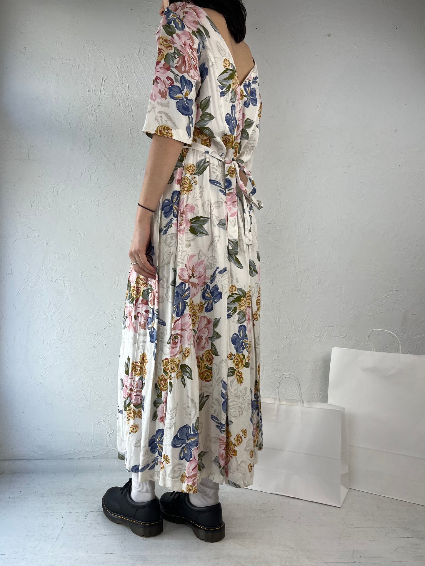 90s 'QPS' Cream Floral Print Rayon Dress / Medium