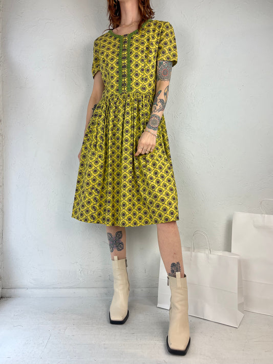 60s Handmade Yellow Patterned Day Dress / Small