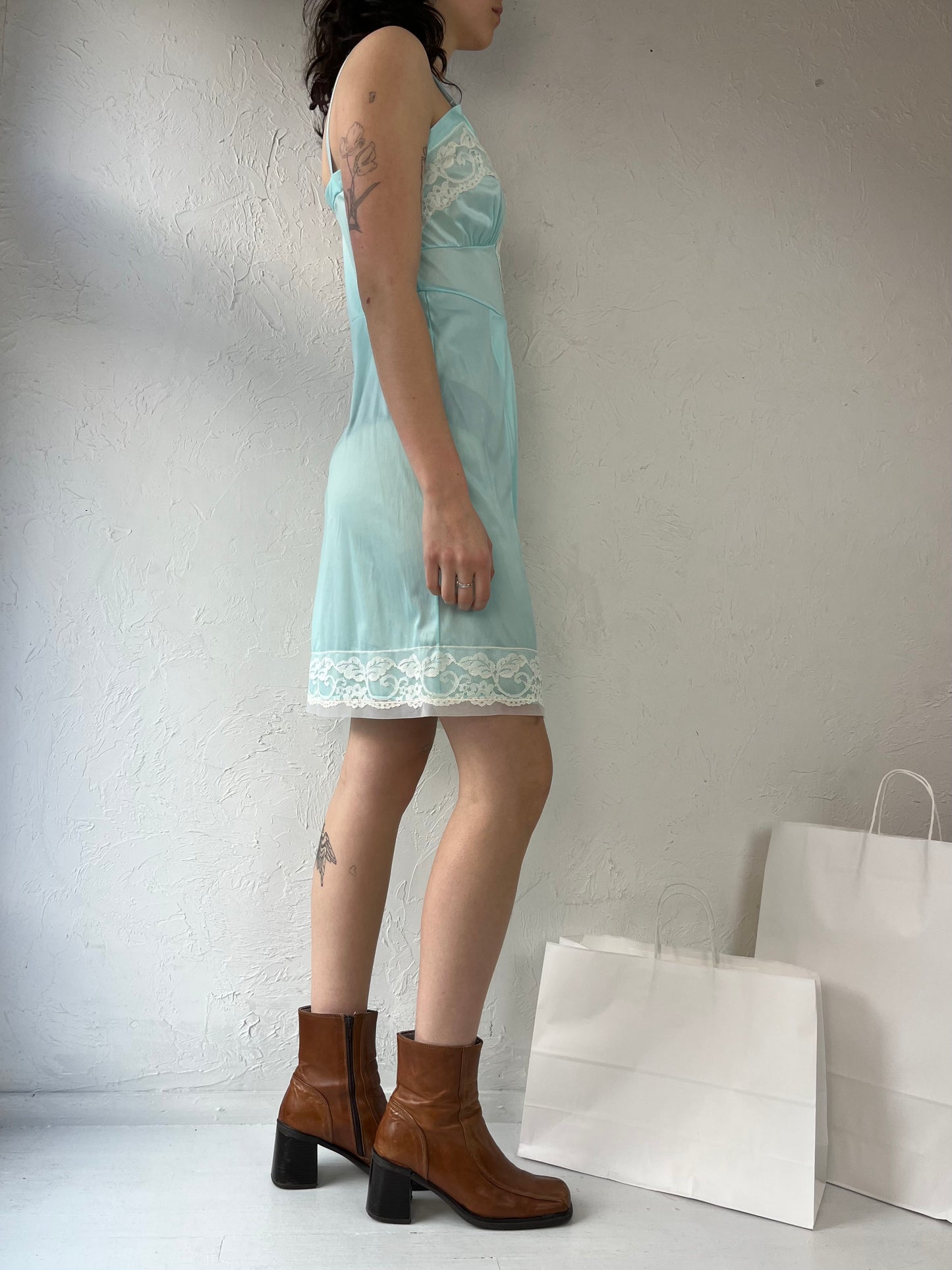 80s Baby Blue Lacey Midi Slip Dress / Small