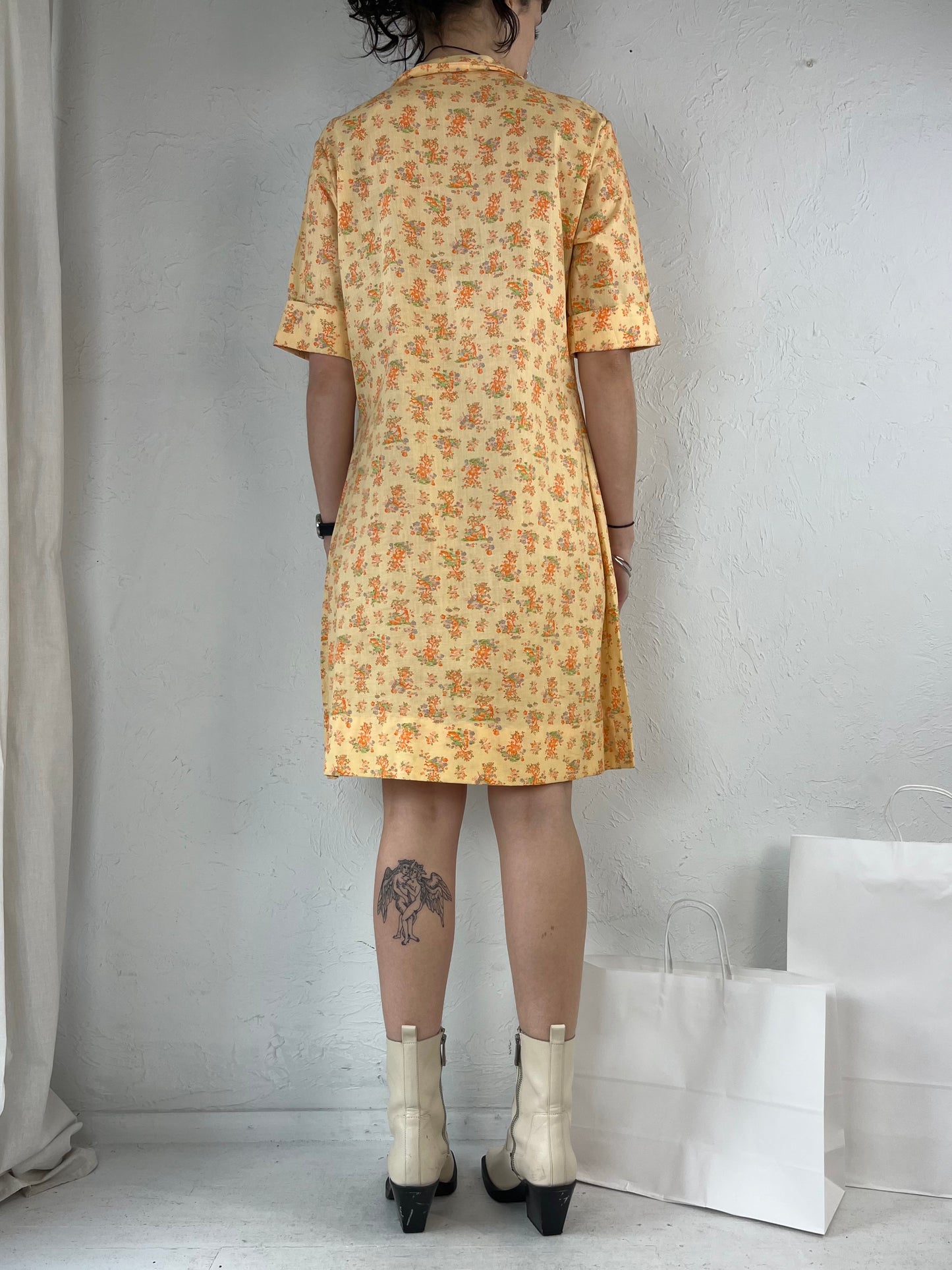 80s 'Lady Wrangler' Orange Floral Print T Shirt Dress / Medium