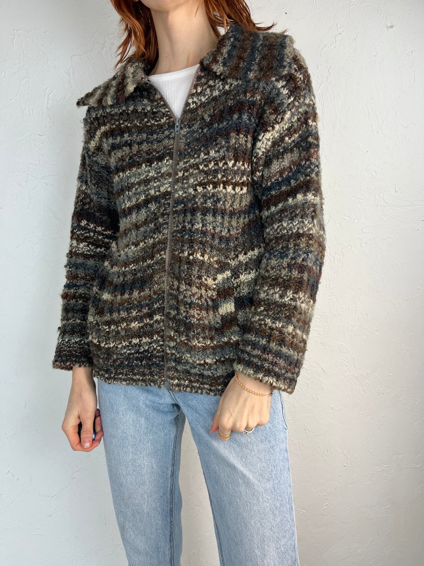 70s 80s 'Mr Poodle' Zip Up Wool Cardigan Sweater / Small